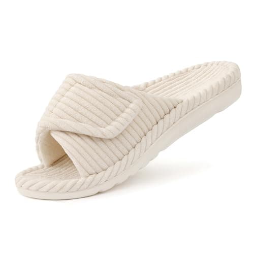 Litfun Pantoufles orthopédiques pour femmes avec soutien de la voûte plantaire réglable, pantoufles d'intérieur à bout ouvert en velours côtelé, chaussures de chambre à coucher, Beige 39