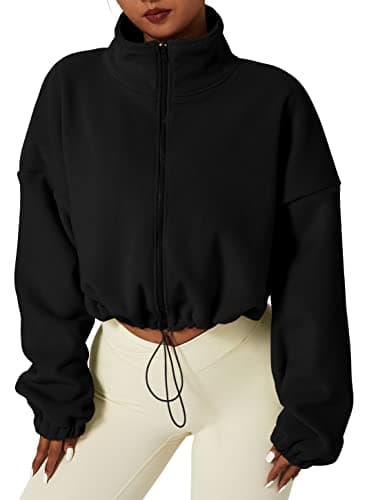 QINSEN Veste courte en polaire avec fermeture éclair complète pour femme - Manteau court chaud d'hiver à manches longues et col montant - Noir - Moyen