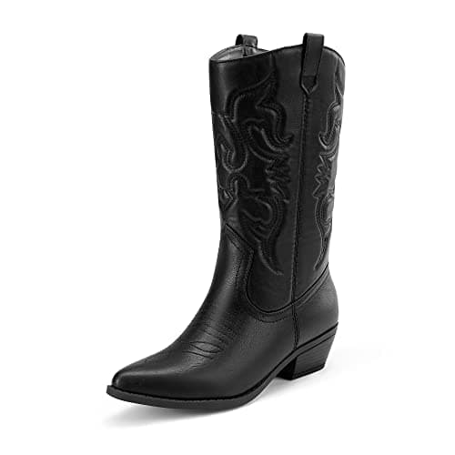 Dream Pairs Bottes de cowboy pour femmes à bout pointu, bottes de cow-girl à enfiler, mollet large, gros talon bas brodé, bottes occidentales confortables, tenue pour dames...