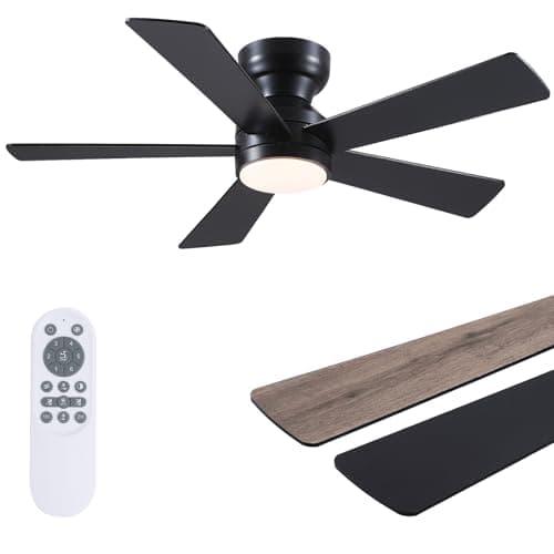 Black Ceiling Fans with Lights - 46" Flush Mount Ceiling Fan with Remote and 5 Reversible Blades, 3CCT Dimmable, 6 Wind Speeds&2H Timer, Indoor Low...