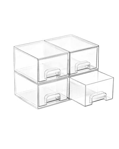 Vtopmart 4 Pack Stackable Makeup Organizer Storage Drawers, Acrylic Bathroom Organizers，Clear Plastic Storage Bins For Vanity, Undersink, Kitchen...
