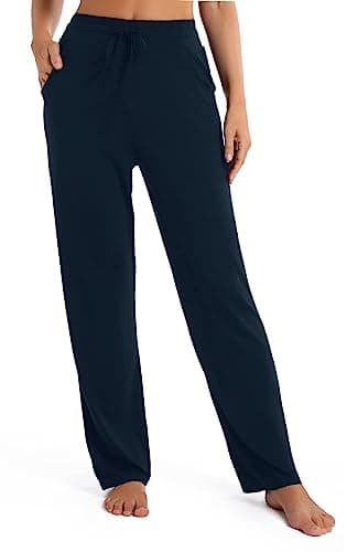 Urban CoCo Pantalon long à jambe droite pour femme - Taille haute élastique avec cordon de serrage - Pantalon décontracté avec poches (bleu marine, XL)
