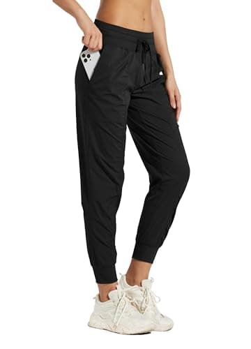 Willit Pantalon de jogging studio pour femme, randonnée, voyage, séchage rapide, rayé, entraînement, salon, cordon de serrage avec poches, noir 6