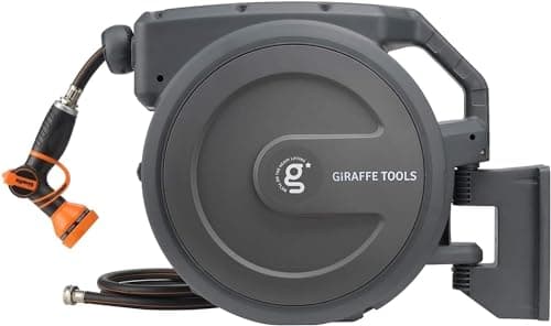 Giraffe Tools Enrouleur de tuyau d'arrosage rétractable 1/2" x 30,5 m à fixation murale, rembobinage automatique, verrouillage sur n'importe quelle longueur, 30,5 m, gris foncé AW30