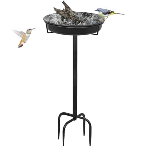 YALINKA Bol de bains d'oiseaux autoportant de 28 pouces pour l'extérieur, bol de mangeoire pour oiseaux de jardin sur pied avec piquet en métal, spa de décoration amovible...