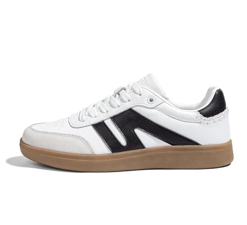 LUCKY STEP Femmes Classique Rétro Gomme Semelle Mode Baskets Casual Tennis Skate Chaussure En Cuir Véritable Chaussures De Marche Baskets Antidérapantes (Blanc/Noir, 9...