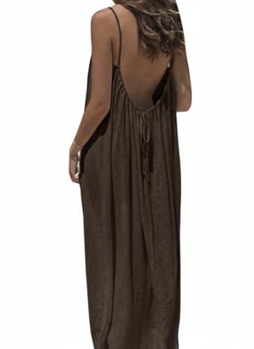 TDCoool Robe camisole d'été sans manches dos nu pour femme, bretelles spaghetti, robe fluide, longue avec cravate au dos, marron foncé, taille L