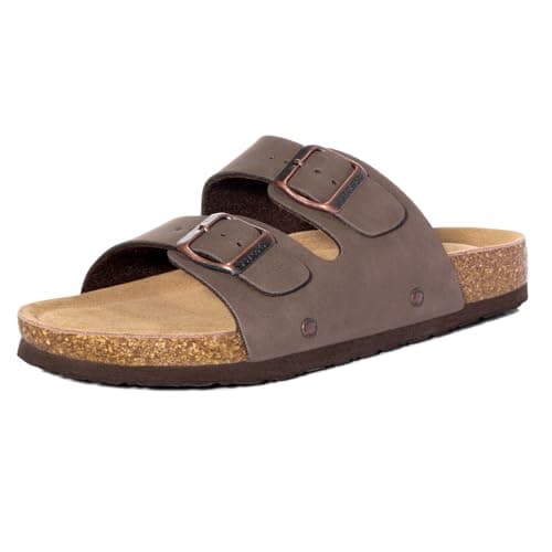 FITORY Womens Flat Sandals with Cork Footbed, Open Toe Slides Adjustable Slip On Slippers for Summer Brownish Yellow Size 8