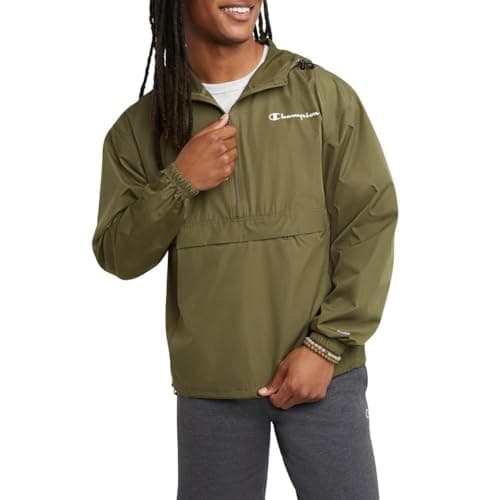 Champion Men's Packable Recycled Windbreaker Jacket, Wind- and Water-Resistant Hooded Jacket, Cargo Olive Small Script, Medium