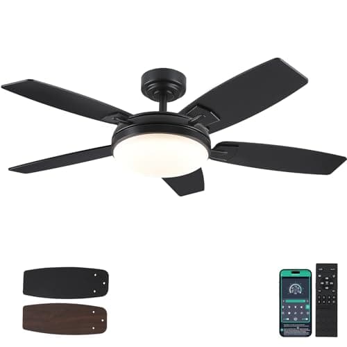 Ventilateurs de plafond de 52 pouces avec lumières et télécommande, ventilateurs de plafond extérieurs noirs avec intensité variable 3 couleurs 6 vitesses, moteur CC réversible silencieux, LED moderne...