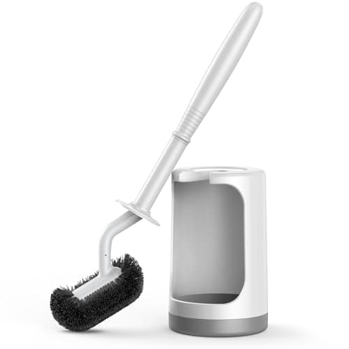 Ensemble brosse de toilette et support HAMITOR : Brosse de nettoyage de cuvette de toilette de conception incurvée pour un nettoyage en profondeur sous le rebord - Poils flexibles avec long manche,...