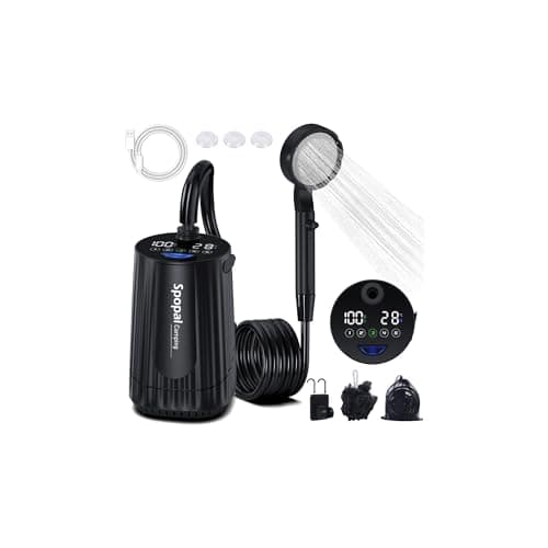 Douche portable pour le camping, [mise à niveau] Douche de camping rechargeable Spopal 10 000 mAh avec 5 vitesses réglables, écran LED, étanche IPX8 pour l'extérieur...