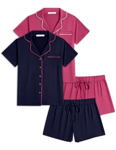 Ekouaer 2 Pack Womens Pajamas Set Button Down Summer Sleepwear Short Sleeve Comfy Pjs Loungewear Set(GP8,M)