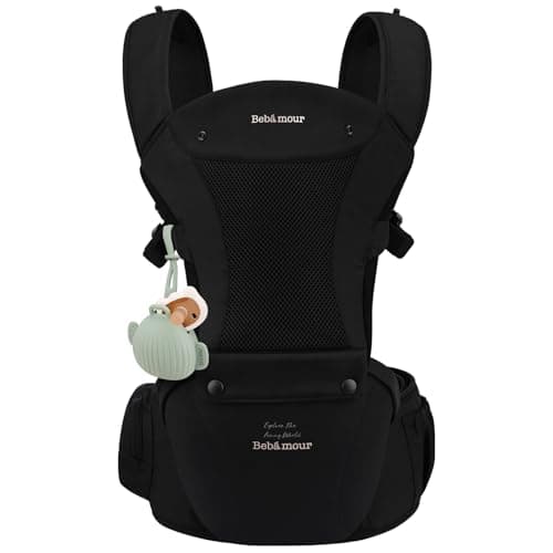 Bebamour Porte-bébé nouveau-né à tout-petit Hipseat 0-36 mois avec capuche, 3 coussinets de dentition, rallonge de taille, noir