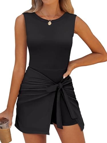 ANRABESS Robe de tennis pour femme avec short intégré, été, sans manches, moulante, taille cintrée, entraînement, barboteuse athlétique, robes jupe-short, noir, M
