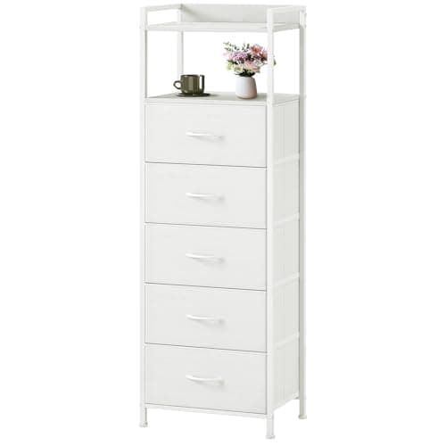 Commode blanche Somdot pour chambre à coucher, commode haute avec 5 tiroirs en tissu et étagère à 2 niveaux, commode, unité de rangement pour salon, entrée, couloir.