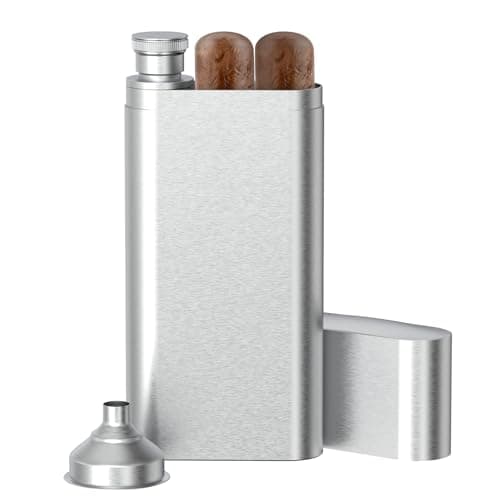 Linkidea 2oz Stainless Steel Hip Flask with Cigar Tube and Funnel, Portable Travel Case Fits 50 Ring Gauge, Gift for Men (Silver)