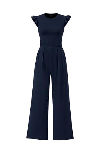 PRETTYGARDEN Summer Jumpsuits for Women Dressy 2026 Fashion Ruffle Cap Sleeve Romper Crew Neck Rib Knit One Piece Outfits (Navy,Small)