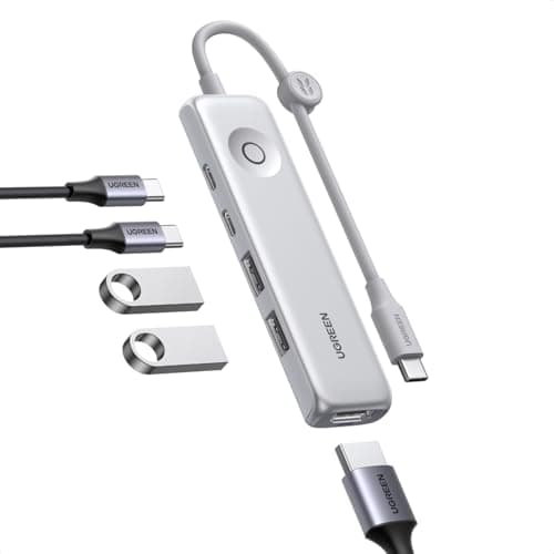 Hub USB C UGREEN Transfert de données 10 Gbit/s, HDMI 4K à 60 Hz, adaptateur multiport portable 5-en-1 mince avec alimentation 100 W, bouton et câble de verrouillage d'écran...