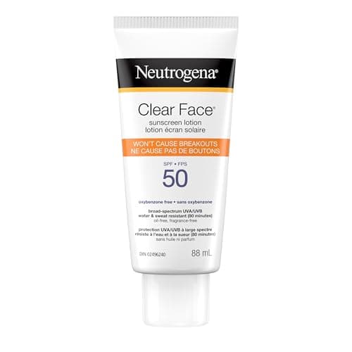 Lotion écran solaire Neutrogena Clear Face pour peaux à tendance acnéique, protection SPF 50 UVA/UVB à large spectre, soin du visage sans huile, sans parfum ni oxybenzone...
