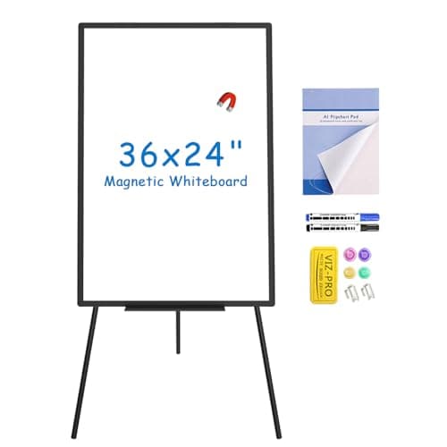 VIZ-PRO Magnetic Whiteboard Easel Black, 36 x 24 Inches, Portable Dry Erase Board Height Adjustable for School Office and Home