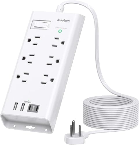 Protecteur de surtension pour multiprise - Rallonge Addtam de 10 pieds de long avec 6 prises et 4 ports USB (2USB C), prise plate de protection contre les surtensions contre les surcharges...