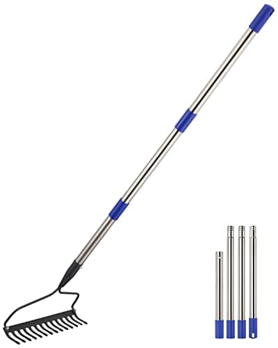 Garden Rake, 5FT Bow Rake with Adjustable Long Handle, 14 Metal Tines Metal Head Garden Rake for Loosening Soil Gathering Leaf Leveling Lawn...