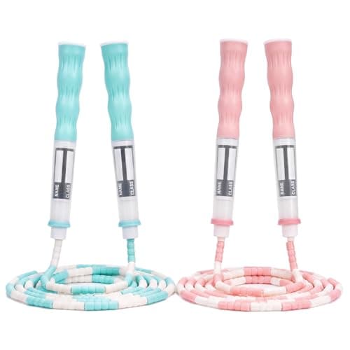 2 Pack Kids Segmented Jump Rope, Adjustable Soft Beaded Skipping Rope with DIY Name Tag, Anti-Slip Handle Tangle-Free Fitness Skipping Rope for...