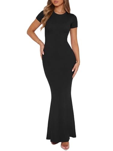 REORIA Robe longue d'été sexy et décontractée pour femme - Élégante pour invités de mariage - Manches courtes - Col rond - Moulante - Maxi - Noir - Taille L