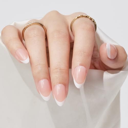 Findigit French Tip Press On Nails Amande - Faux ongles naturels courts avec colle, suprêmement ajustés et colle naturelle sur ongles avec ongles en 16 tailles - 32...