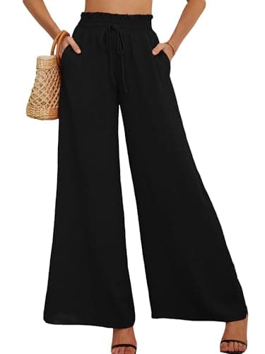 AusLook Women's Wide Leg Dress Pants with Pockets Black Medium Lightweight Elastic High Waisted Adjustable Tie Knot Flowy Loose Slacks Lounge...