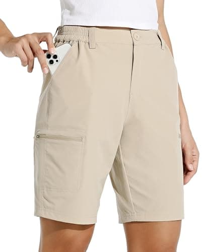 Willit Short cargo de randonnée pour femme de 25,4 cm, extensible, golf, actif, long, séchage rapide, extérieur, été, kaki, L