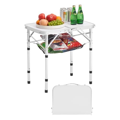VEVOR Folding Camping Table, Adjustable Height Portable Side Tables, Aluminum MDF Beach Table with Mesh Layer, Carrying Handle, Lightweight Compact...