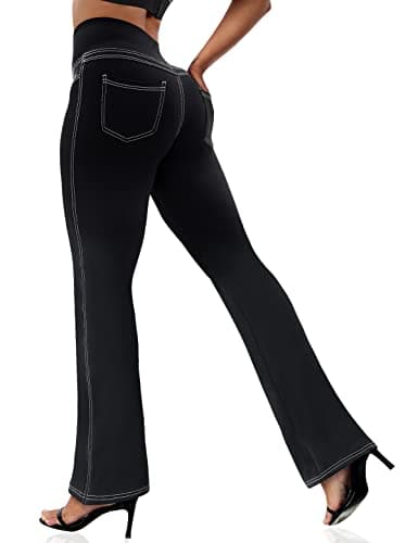 VOOVEEYA Pantalon de yoga décontracté pour femme, 4 poches, leggings évasés, taille haute, contrôle du ventre, pantalon de travail (Bootcut-Noir-L)