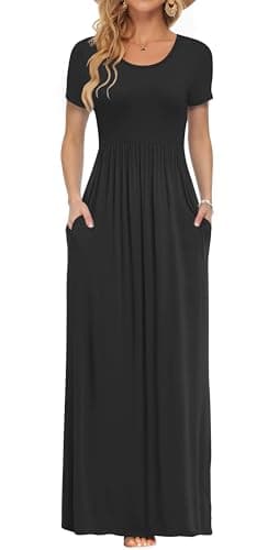 AUSELILY Women Short Sleeve Loose Casual Long Maxi Dresses with Pockets(Black-M)