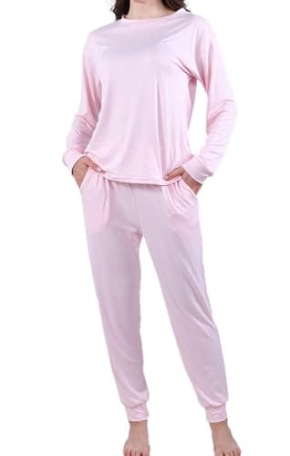 Abirfig Women's Pajamas Set Two Piece Pjs Long Sleeve Sweatshirt Long Pants Lounge Sleepwear with Pockets (Light Pink, Large)