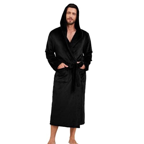 EK4YDNDS Peignoir en Polaire à Capuche pour Hommes, Peignoir en Molleton Chaud et Doux avec Poches (Noir, L/XL)