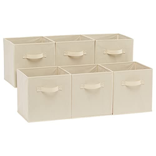 Amazon Basics Cubes de rangement pliables en tissu avec poignées, Beige - Lot de 6
