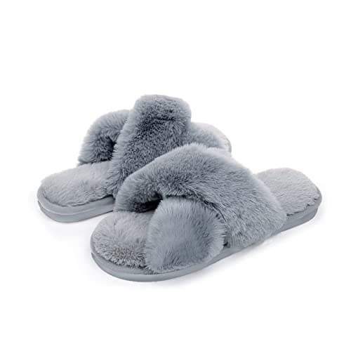 Pantoufles pelucheuses douces pour femmes, bout ouvert, chaudes et confortables, chaussures d'intérieur et d'extérieur, gris 7.5-8.5
