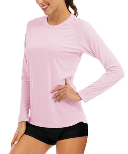 MAGCOMSEN Rash Guard Shirts for Women Long Sleeve Athletic Shirts Summer Shirts UPF 50+ Sun Protection Shirts Running Tee Shirts Light Pink