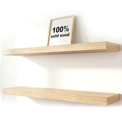 2-Pack Pine Wood Floating Shelves | No Drill Wall Mounted Solid Wood Shelves Set | Rustic Wall Shelf for Storage & Decor | Perfect for Bathroom,...