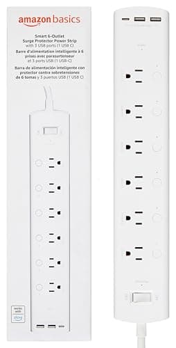 Multiprise intelligente Amazon Basics avec 6 prises contrôlées individuellement et 3 ports USB (2 USB-A et 1 USB-C), fonctionne avec Alexa uniquement, 2,4 GHz...