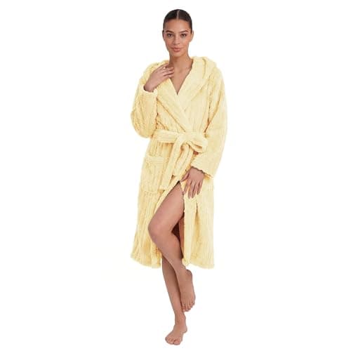 HEARTNICE Peignoirs doux et pelucheux pour femme, longue robe à capuche en peluche, peignoirs chauds et moelleux (jaune clair, S/M)