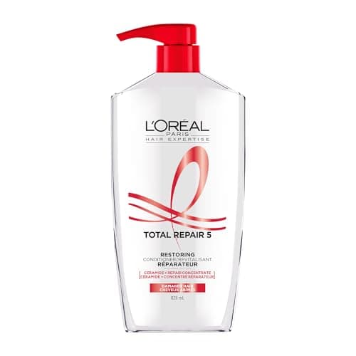 Après-shampooing Total Repair 5 de L'Oréal Paris. À la kératine XS, pour réparer les pointes fourchues et restaurer la force des cheveux, pour cheveux secs et abîmés, format Jumbo,...