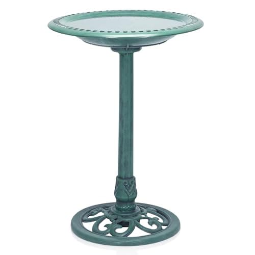 Alpine Corporation 28" Tall Outdoor Birdbath with Scrollwork Decoration Yard Statue