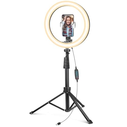 Anneau lumineux UBeesize de 12" avec trépied de 62" et support de téléphone – Lumière selfie à intensité variable pour le maquillage, l'enregistrement vidéo, la photographie. Compatible avec tous...