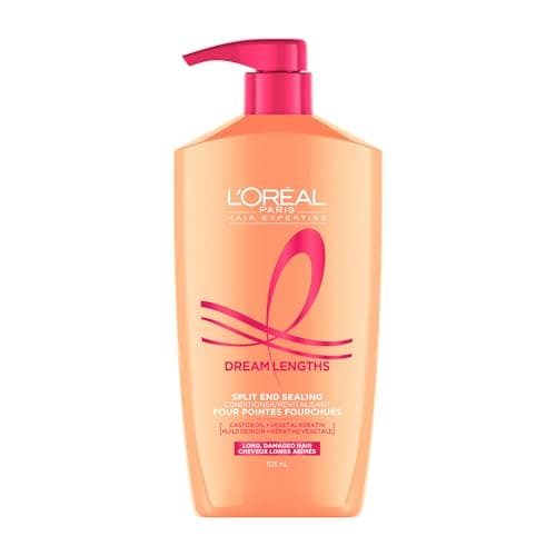 L'Oréal Paris Après-shampooing Dream Longueurs, après-shampooing pour cheveux longs abîmés, formulé avec de la kératine et de l'huile de ricin pour nourrir les pointes des cheveux, 828 ml.