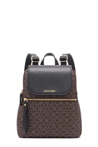 Calvin Klein Women's Reyna Signature Key Item Flap Backpack, Brown/Khaki/Black, One Size