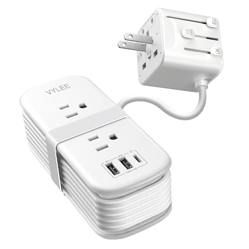 Adaptateur de prise de voyage européen VYLEE Power Strip, adaptateur de prise de voyage UE/UK/US, 2 prises secteur, 3 ports USB (1 USB C), extension enroulée de 5 pieds...