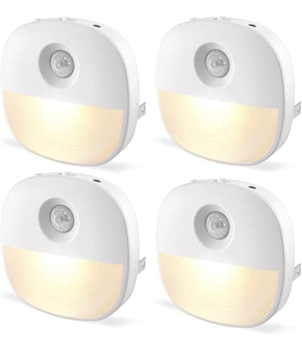 Lyridz Veilleuse à capteur de mouvement à brancher, [Pack de 4] Modes automatiques 2-en-1 (activé par le mouvement + crépuscule à l'aube), Veilleuse à intensité variable 1-50LM, blanc chaud 2700K...